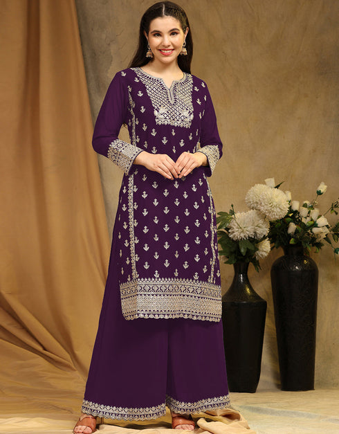 Traditional Party Wear Faux Georgette Salwar Suit Purple Faux Georgette Palazzo Suit Back View